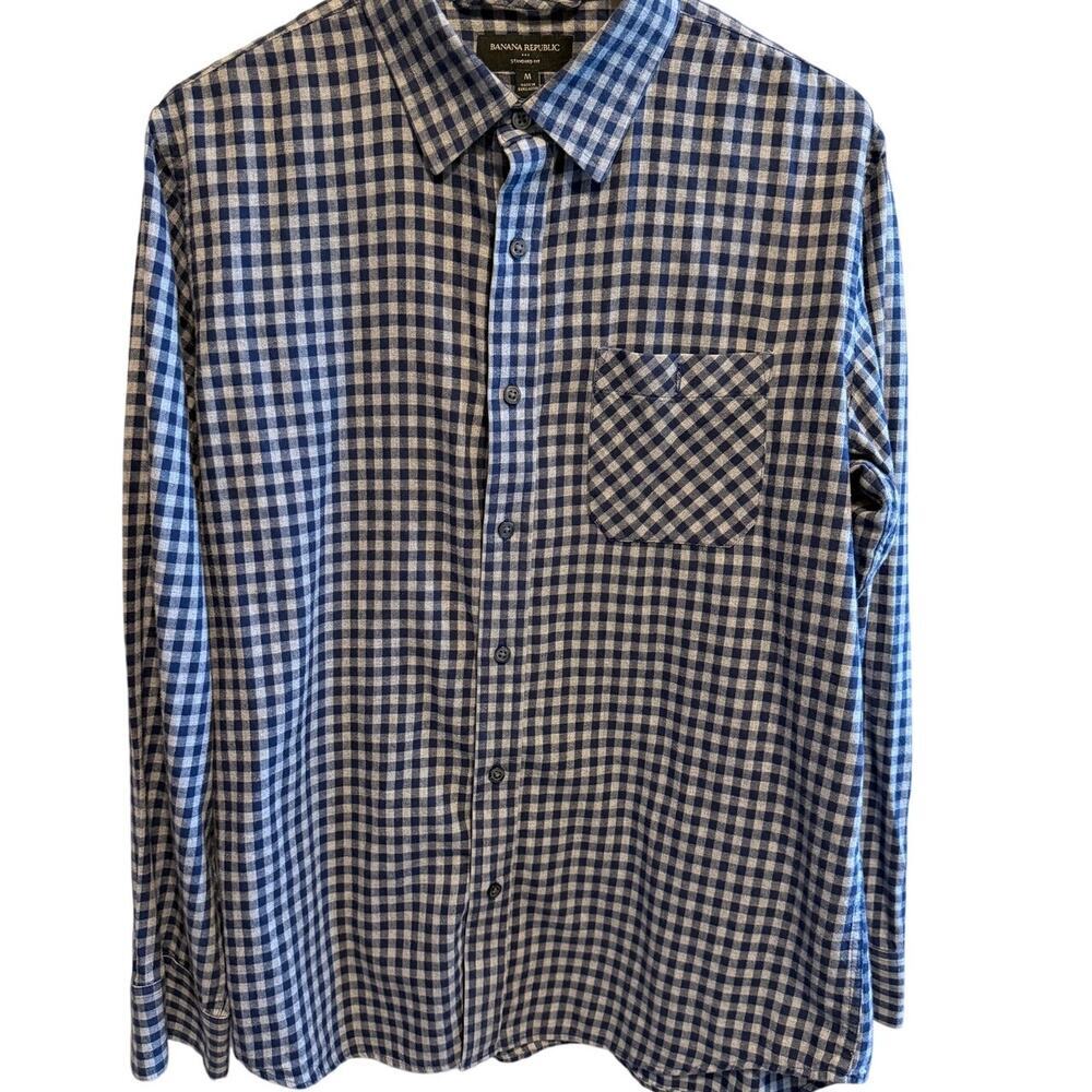 Banana Republic Gingham Navy Gray Cotton Long Sleeve Button Down Shirt Men's M